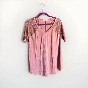 Zenana Dusty Rose Pink V-Neck Tunic Tee Lace Raglan Style Sleeves XL